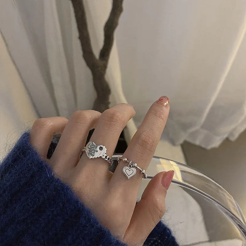 

MEYRROYU Sterling Silver Unique Design Love Heart Letter Pendant Rings For Women Sweet Charm Jewelry Gifts Anti-allergy Anillos