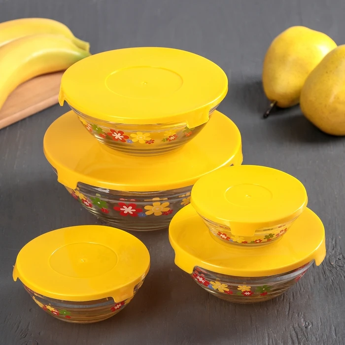 Набор салатников с крышками &quotЦветочки&quot 5 шт: 130/200/350/500/900 мл цвет желтый|Чаши| |