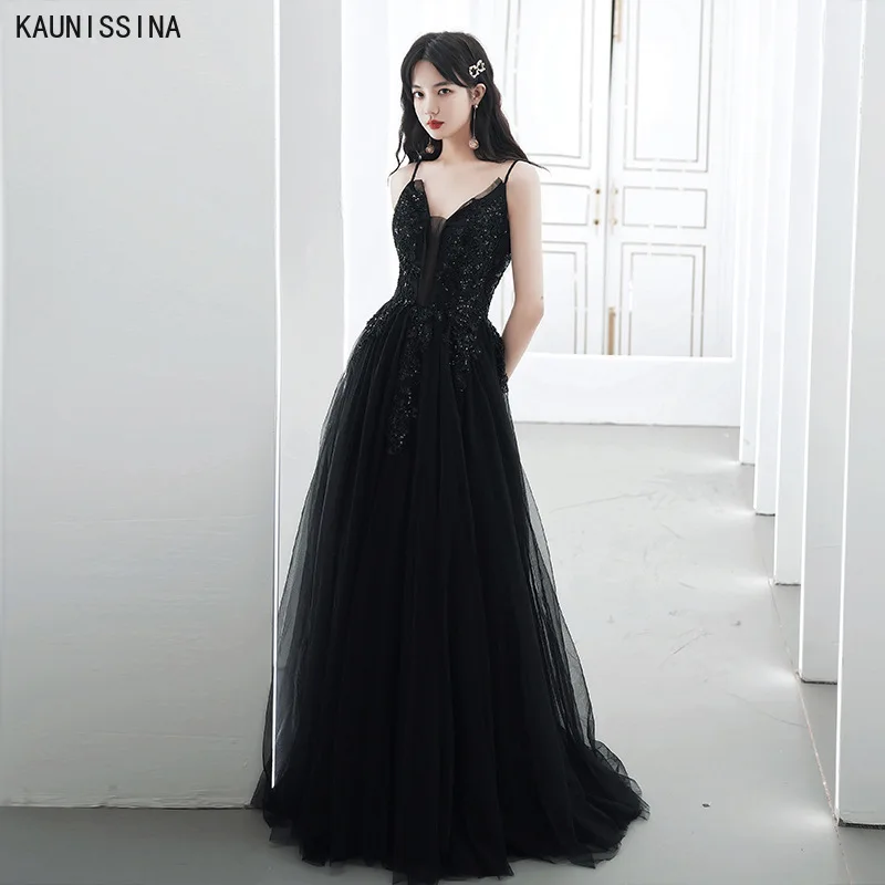 

KAUNISSINA Black Beaded Prom Dresses Custom Size Long Elegant Party Robe A Line Tulle V Neck Spaghetti Strap Sexy Evening Gown