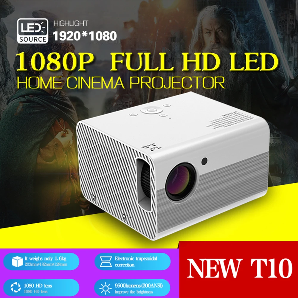 

T10 Portable LED 1080P AI Voice Android System HD Trapezoidal Correction Projector Movie Music Home Theater Player