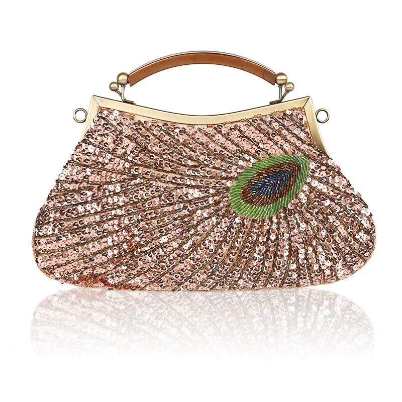 

Ladies Banquet Clutch Frame Bag Retro Handmade Sequins String Peacock Feather Pattern Shoulder Bag Cheongsam Dress Handbags