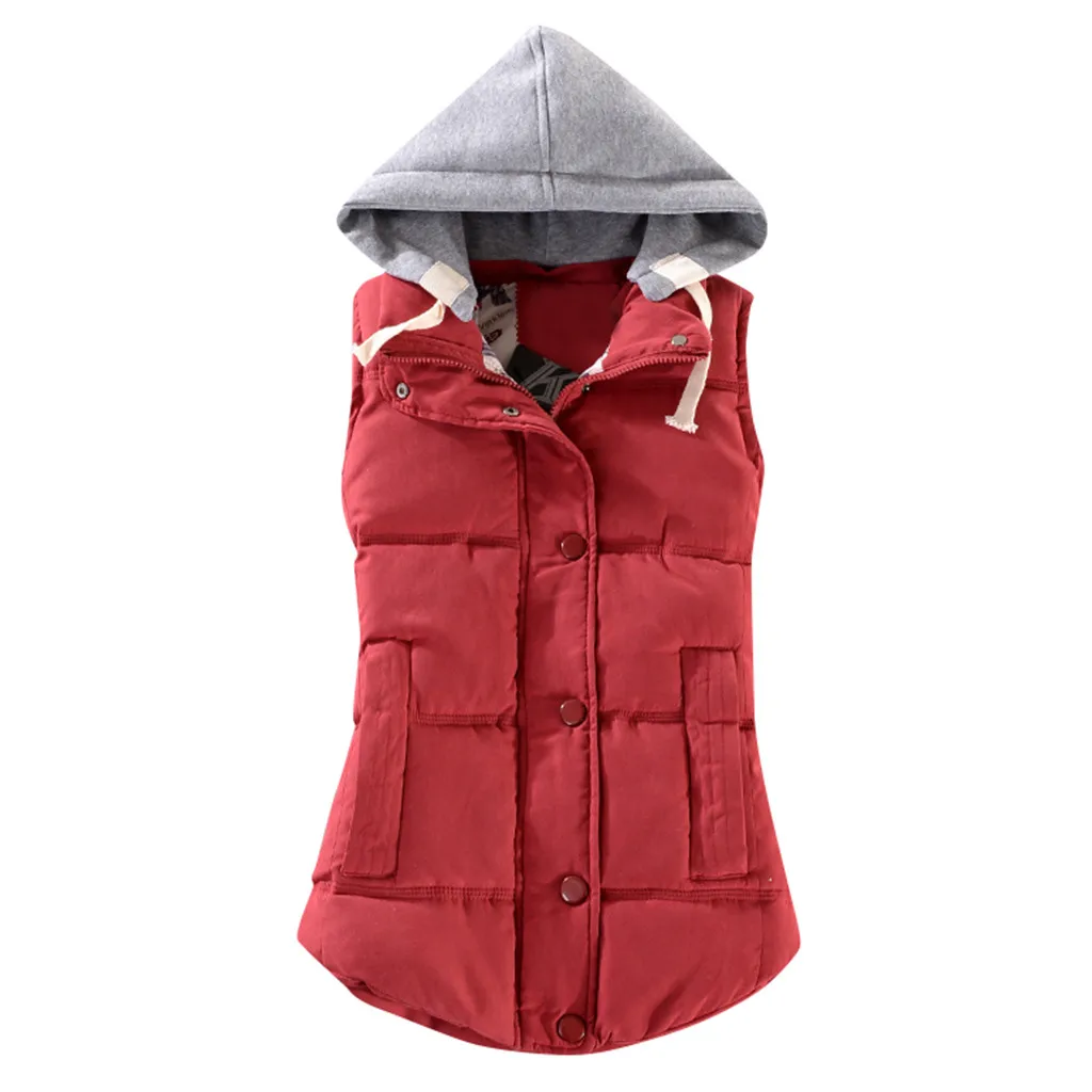 Plus Size Hooded Vest Coat Women Autumn Winter Warm Cotton Solid Button Waistcoat Windproof Female Sleeveless Slim 2019 | Женская одежда