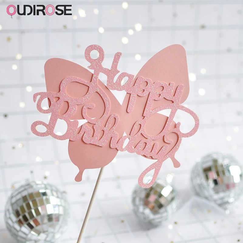 Pink Butterfly Happy Birthday Cake Toppers Bow-knot Heart Star Paper Cupcake Topper Wedding Party Decor Supplies For Bridal Gift | Дом и сад