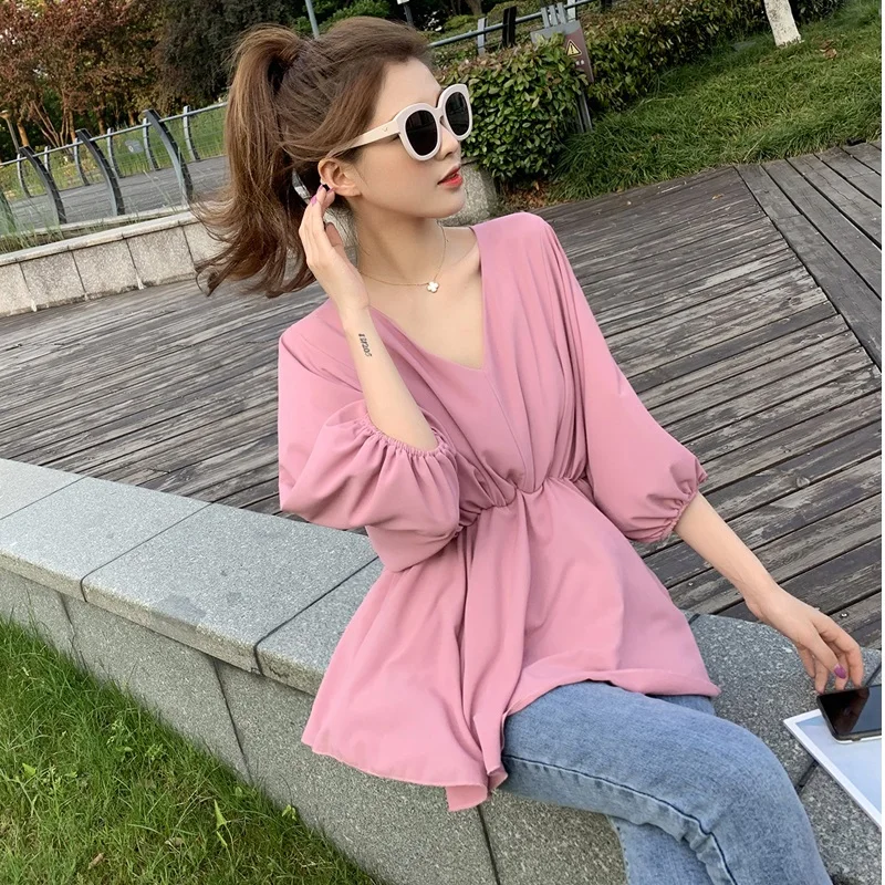

New Women's Temperament Shirt Spring Autumn Design Ruffles Lace Up Waist Wild Shirt Tide Solid V-Neck Three Quarter Shirts Top