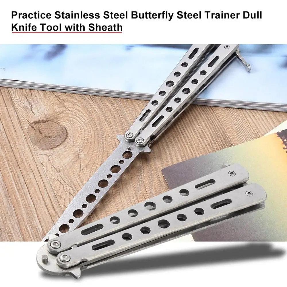 Серебряный металлический тренировочный нож для тренировок с бабочкой тусклый