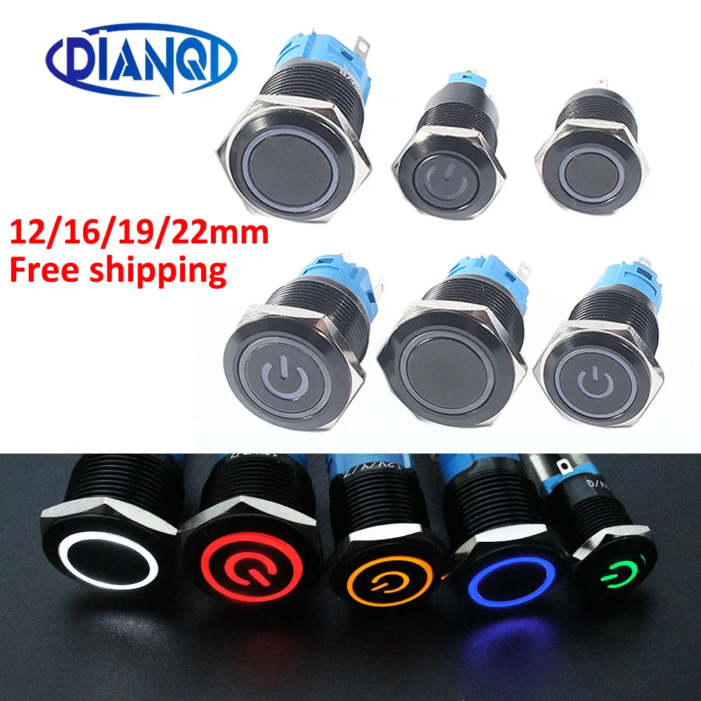 

12/16/19/22mm Alumina black push button switcheswith ring light pushbutton waterproof press button momentary Latching Blue Red