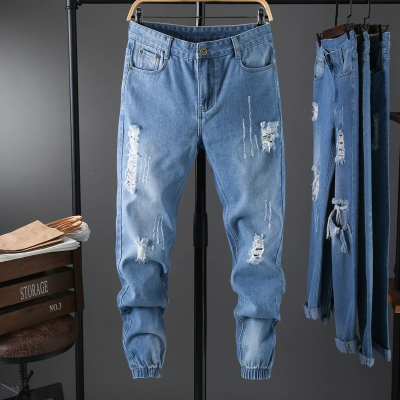 

2021 Summer Men's Elastic Feet Broken Hole Pencil Jean Casual Stretch Denim Jean Fashion Male Clothing Distressed Pantalon Homme