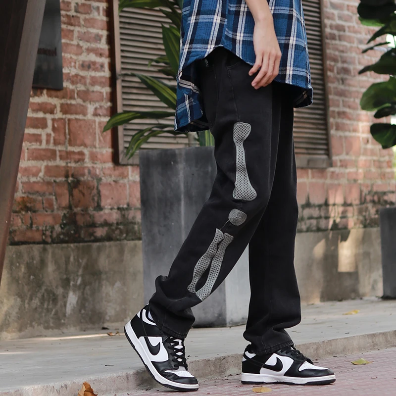 

High Quality Hip-Hop Bone Embroidery Jeans Men Women Fashion Green Black Denim Pants Oversized Mopping Trousers Jean Pants