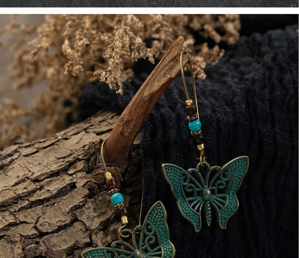 Boho винтажные античные длинные висячие серьги с зеленой бабочкой для женщин za модный подарок для свадьбы индийские аксессуары и украшения