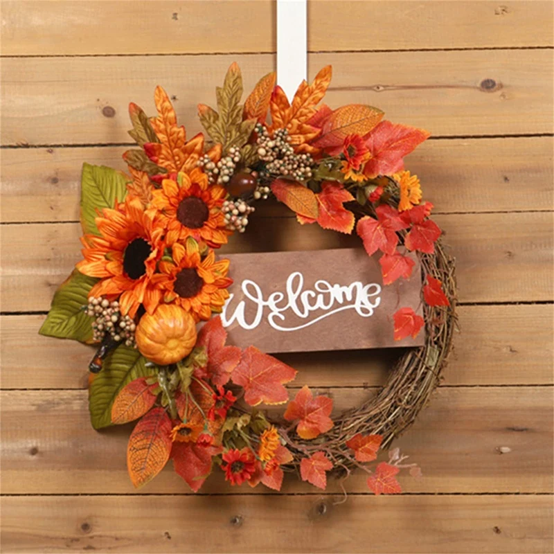 

Fall Wreaths for Front Door Autumn Harvest Artificial Wreaths with Pumpkins Maple Leaf and Berry for Thanksgiving Day