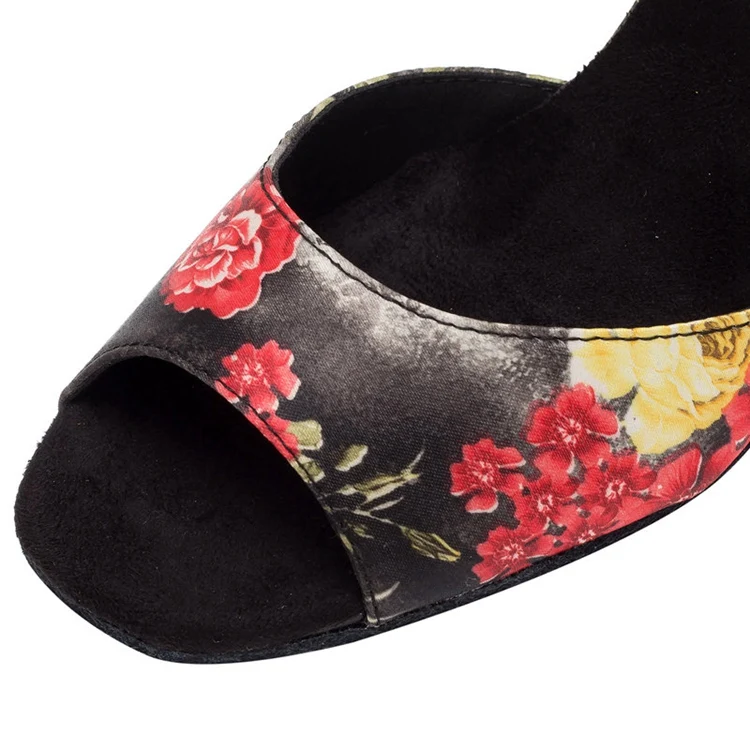 HXYOO/атласная обувь для латинских танцев с черными цветами Танцевальная сальсы