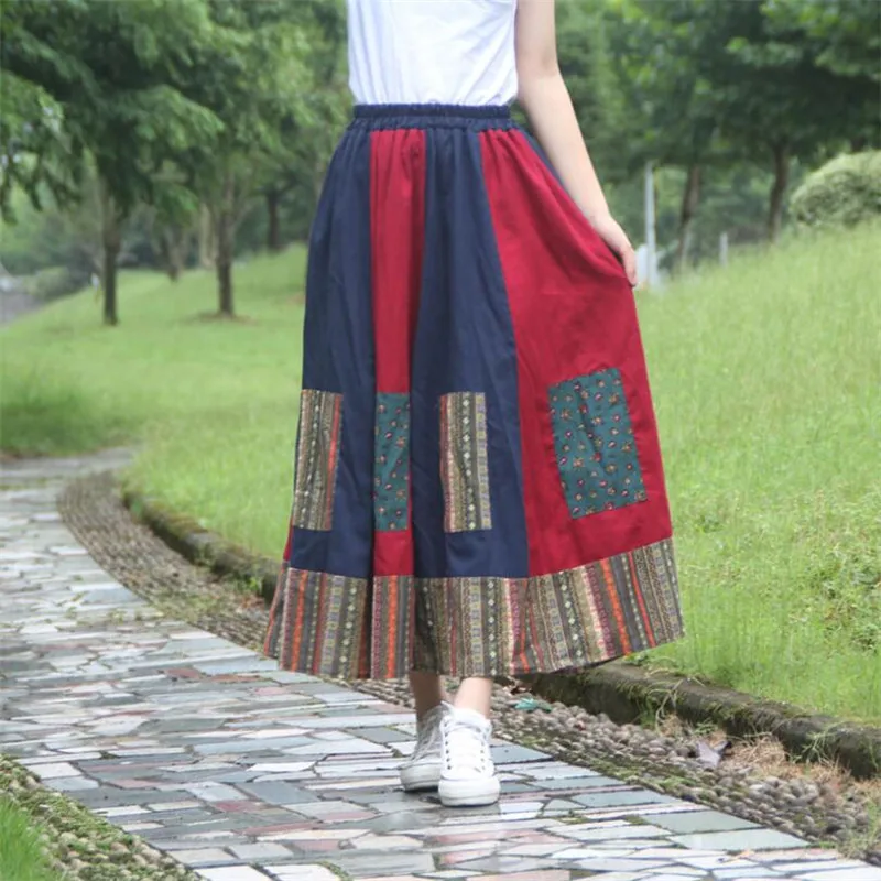 

National style Vintage Elastic Waist Patchwork printing Long Skirts Plus Size A Line Cotton and linen patch summer Women Skirt