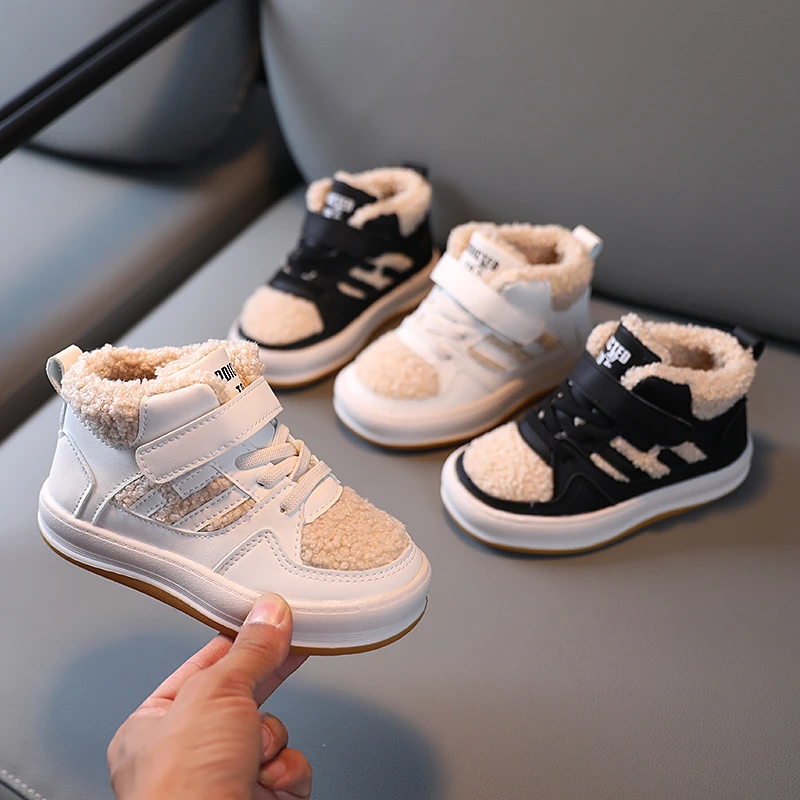

Winter Plush Warm Boys Girl's Sneakers Striped Hook Loop Sport Shoes for Toddlers Kids Patchwork Soft Anti Slip Children's Shoes