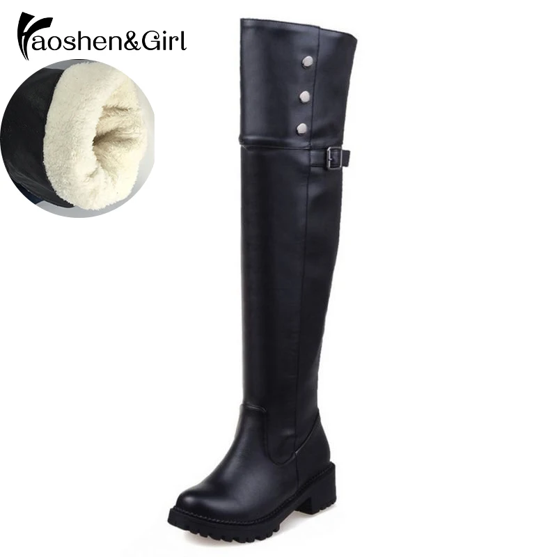 Haoshen& Girl/размеры 15, 30-52, женские сапоги выше колена на плоской подошве зимние высокие сапоги обувь для верховой езды из мягкой кожи с заклепками и пряжкой женские сапоги