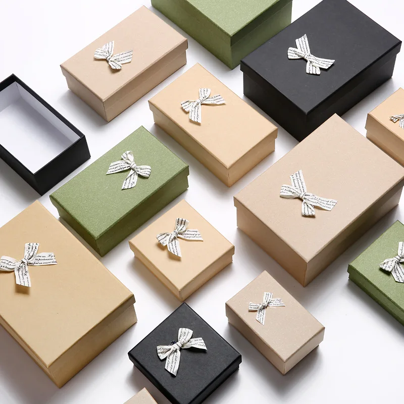 

Bow Rings Gift Box Jewelry Display Packaging Box Earrings Pendant Lipstick Perfume Kraft Paper Rectangular Retro Storage Case