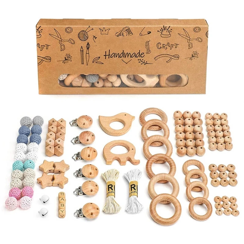 

1 Set Baby Nursing Toys Combination Package with Wooden Beads Rings Crochet Beads Nipple Clips for DIY Pacifier Chain Chewing T