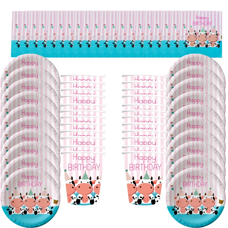 

Pink Cows Children’s Birthday Party Decoration Paper Cups And Trays Straw Tableware Baby Shower Party Supplies Set