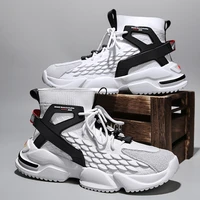 men casual sneaker thick soled high top shoe flying woven leather stitching winter trend wear breathable fish scale large size44