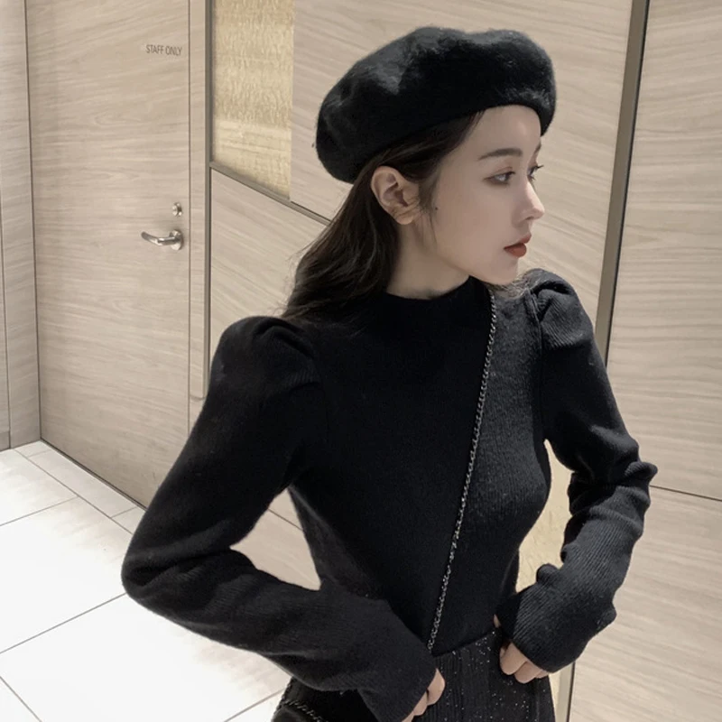 YAMDI vintage puff sleeve sweater women spring autumn 2020 new arrival female woman jumper solid o neck knit top pullove | Женская