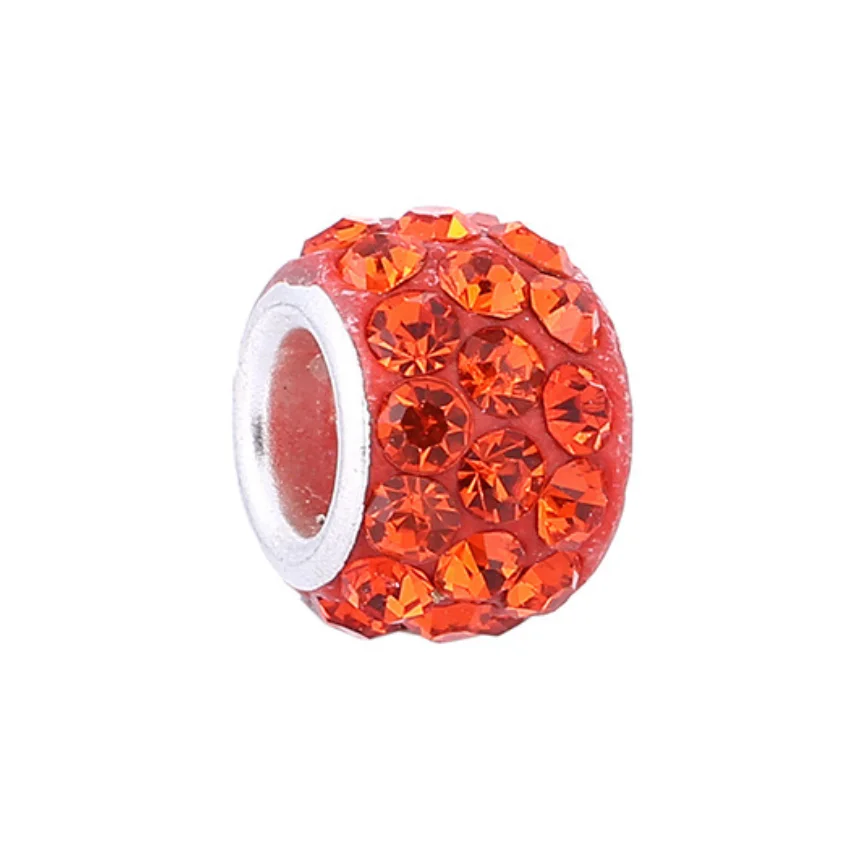 Дешево!!! 100 шт. модные круглые глиняные вставки с ринестонами, серебряное ядро, бусины европейского стиля с большим отверстием, подходят для браслета 11 см.