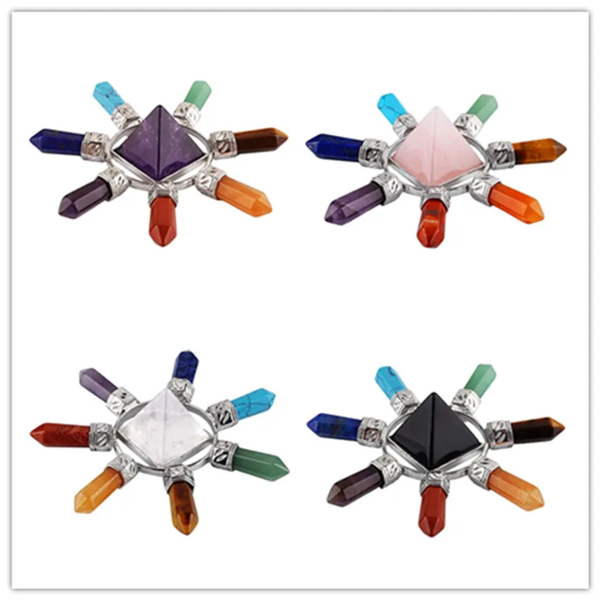 FYJS уникальное серебро квадратная Пирамида много цветной кварцевый камень с