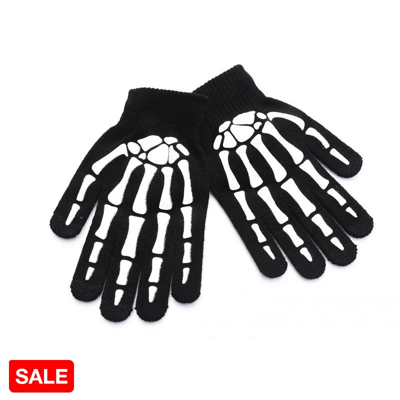 Зимние теплые вязаные перчатки с принтом черепа и скелета лыжные полным пальцем