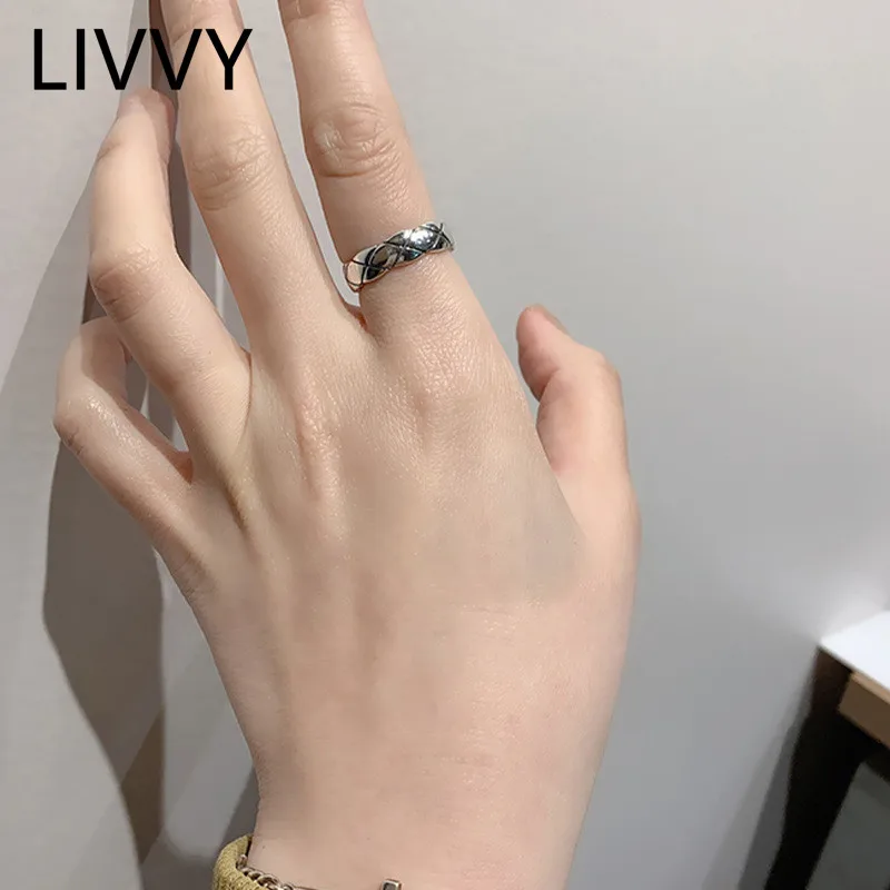 

LIVVY Minimalist Silver Color Plaid Ring For Fashion Women Party Punk Fine High Quality Jewelry Accessories Gift