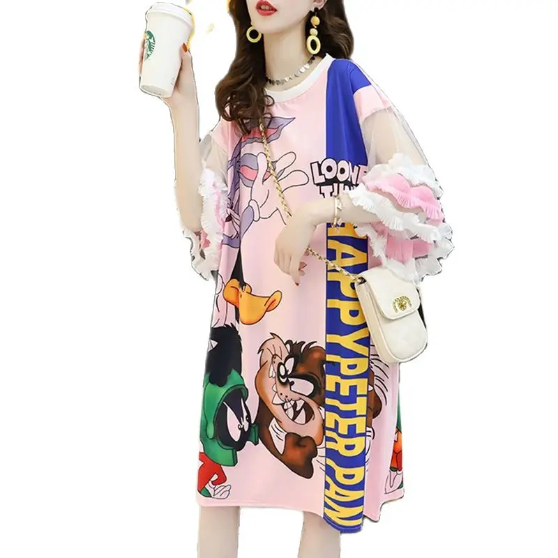 

Платье с кружевной прострочкой, модная футболка с короткими рукавами, женское длинное летнее платье, новинка 2021, свободная рубашка на плать...