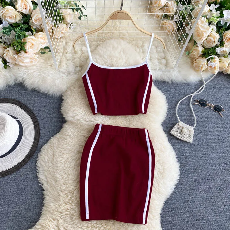 

Women Sport Set Summer 2020 Sleeveless Short Camis Vest + High Elastic Waist Mini Skirt Patchwork Female Casual 2pcs Sets Suit