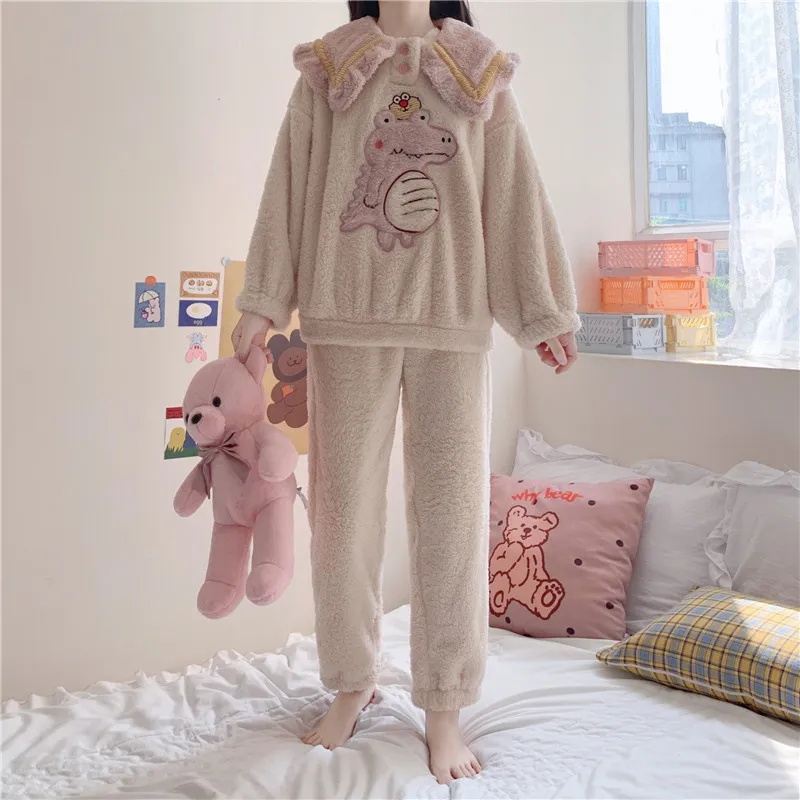 High Waist Trousers Little Dinosaur Col Claudine Top Thickened Fleece Pajamas Suit Can Go out Pajamas Women's Autumn and Winter