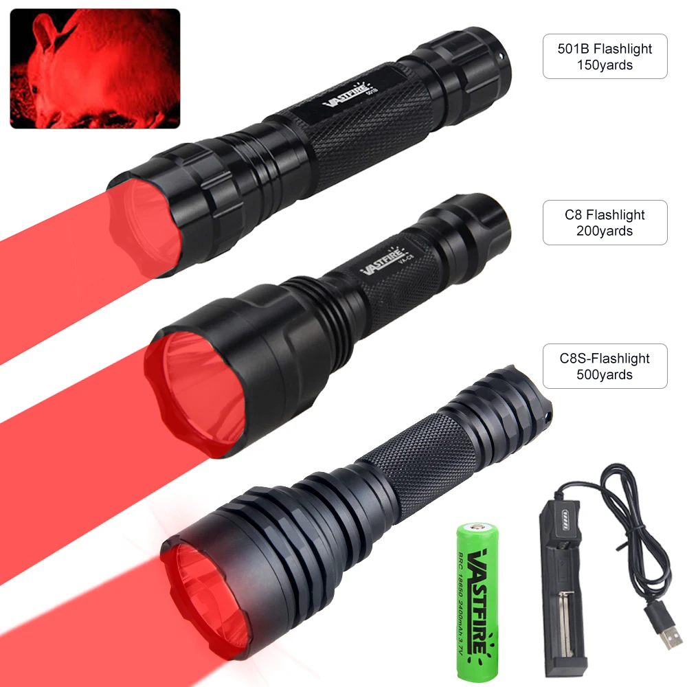 

500 Yards T6 C8S/C8/501B Tactical Hunting Flashlight Torches Green Red White Light LED Rechargable Flashlights+18650+Charger