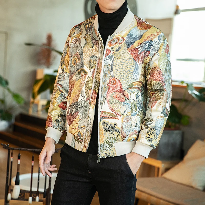 Мужская винтажная куртка Ropa Hombre свободная утепленная с вышивкой животных осень