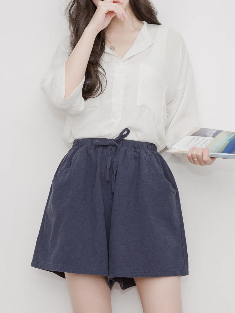 

Japan Cotton Shorts Women Summer Casual Elastic Waist Beach Short Pants Pockets Loose Shorts Student