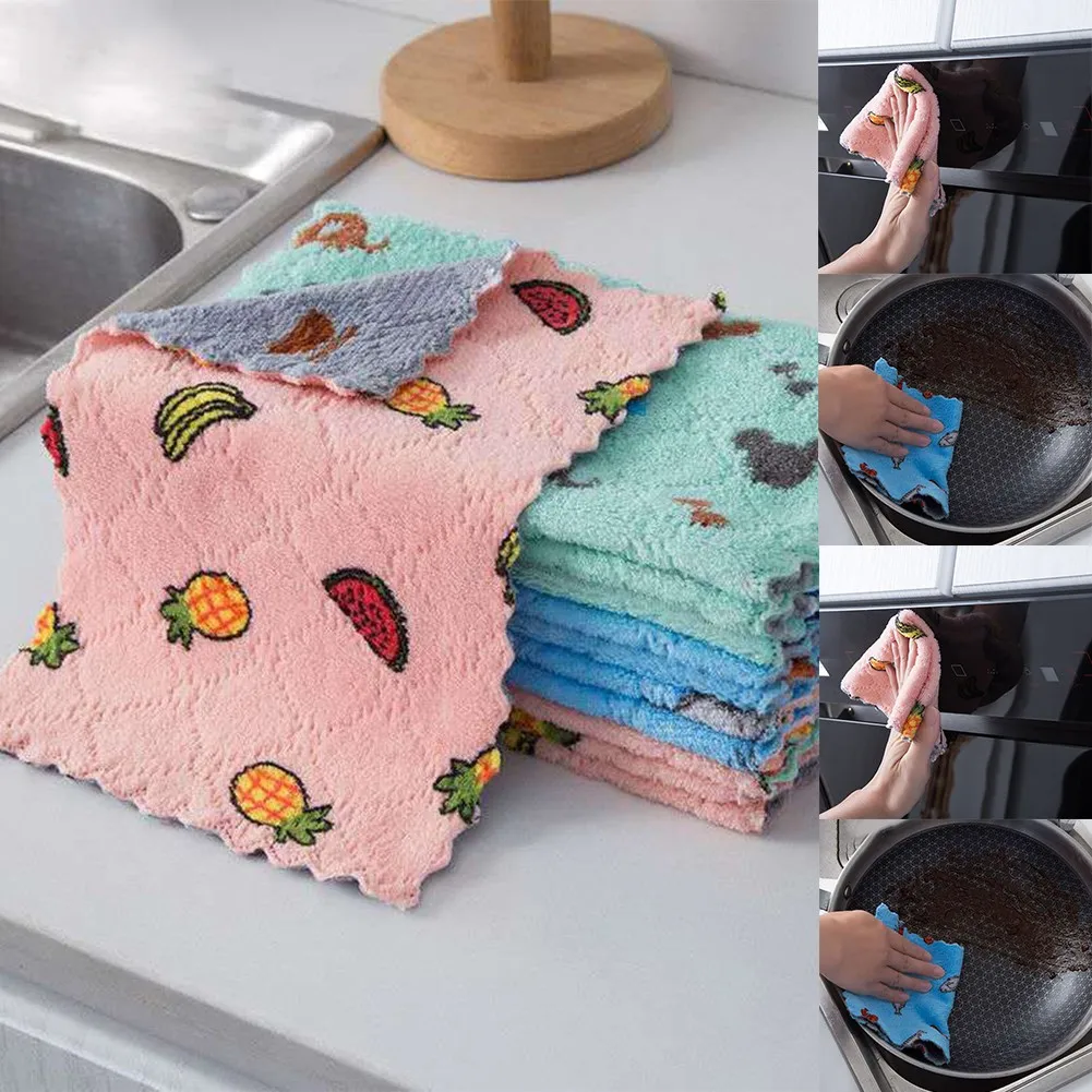 

10PCS Super Soft Coral Fleece Cleaning Towel Double-sided Thick Scouring Pad Double Side Thickened Non-oil Dishcloth 15x25CM