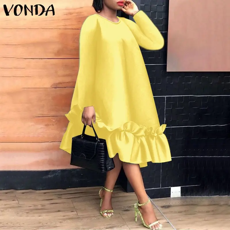 

VONDA Autumn Elegant Satin Slik Dress 2021 Women Long Sleeve Ruffled Midi Vestido Casual Solid Loose Shirt Sundress Party Robe