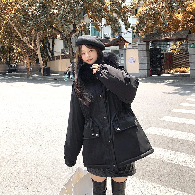 

Women's Winter Jackets 2021 Korean Plus Velvet Thickening Temperament Fur Collar Casual Loose Hooded Long Coats Parker Clothing