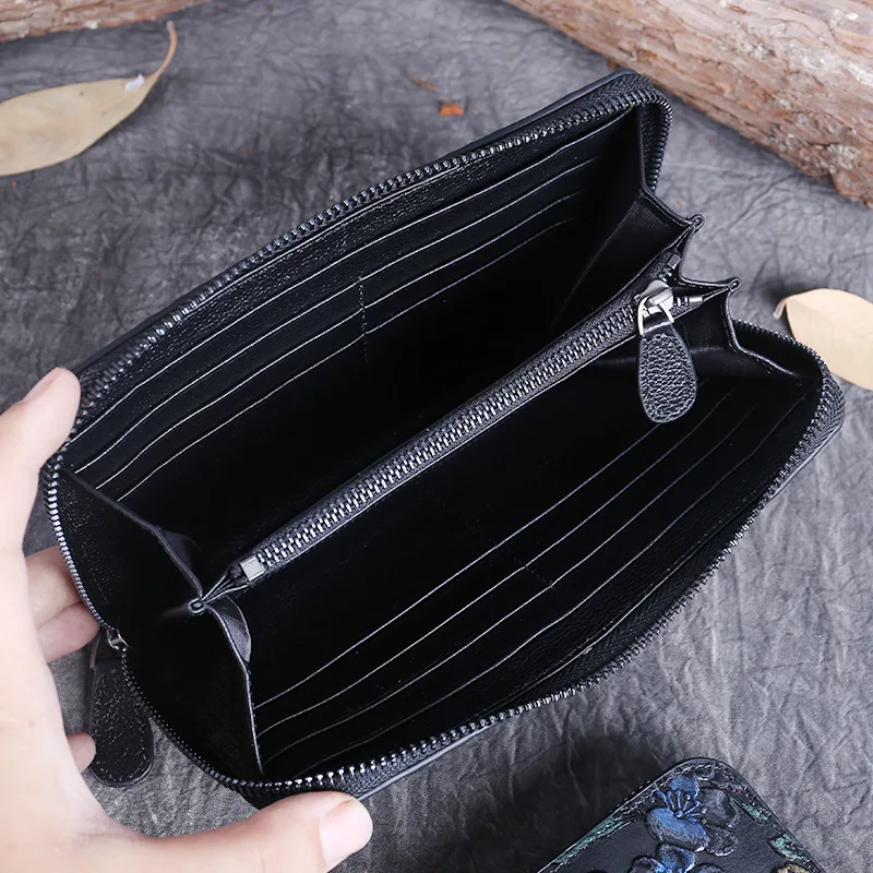 

Luxury China Style Vintage Ladies Wallet Handmade Hand Painted Embossing Genuine Cow Leather Women Purses & Wallet