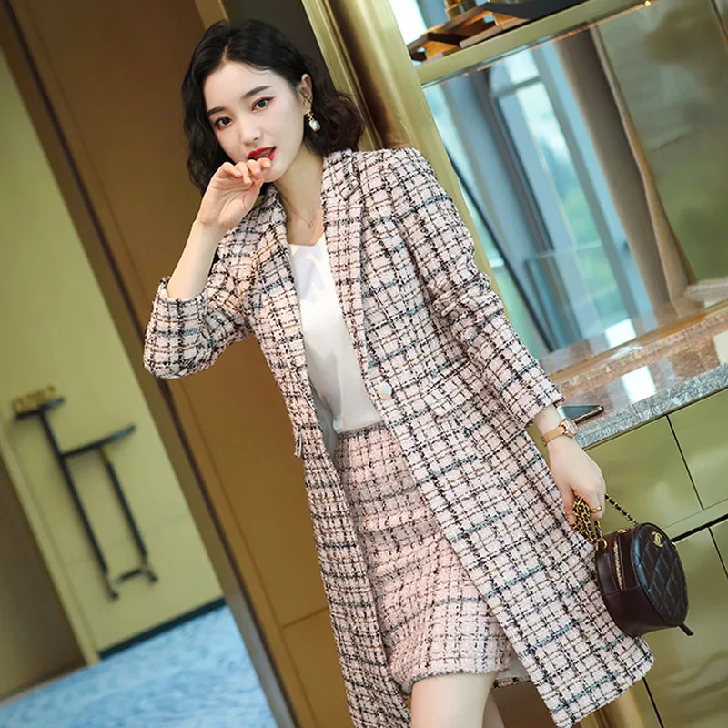 

Temperament High Quality Women's Jacket Skirt Two-piece Suit Winter Elegant Long Plaid Ladies Jacket Slim-fit Skirt Female