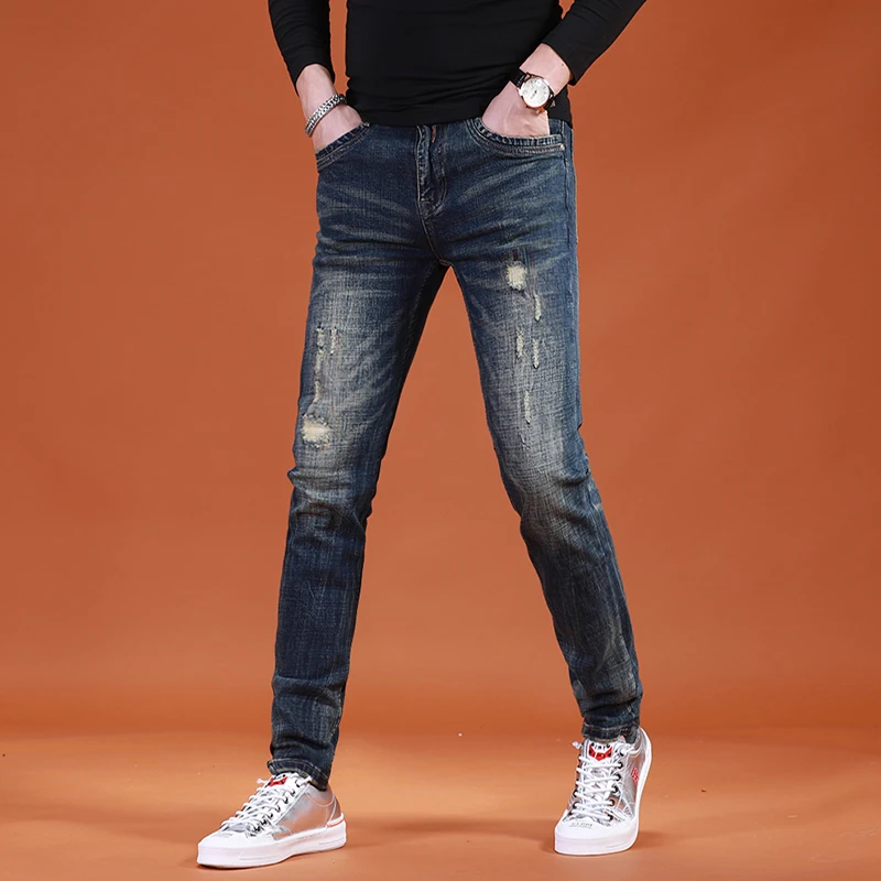 

Autumn New Mens Dark Blue Ripped Jeans Men Casual Straight Slim Fit Pants Male Jean Streetwear Cotton Denim Trousers