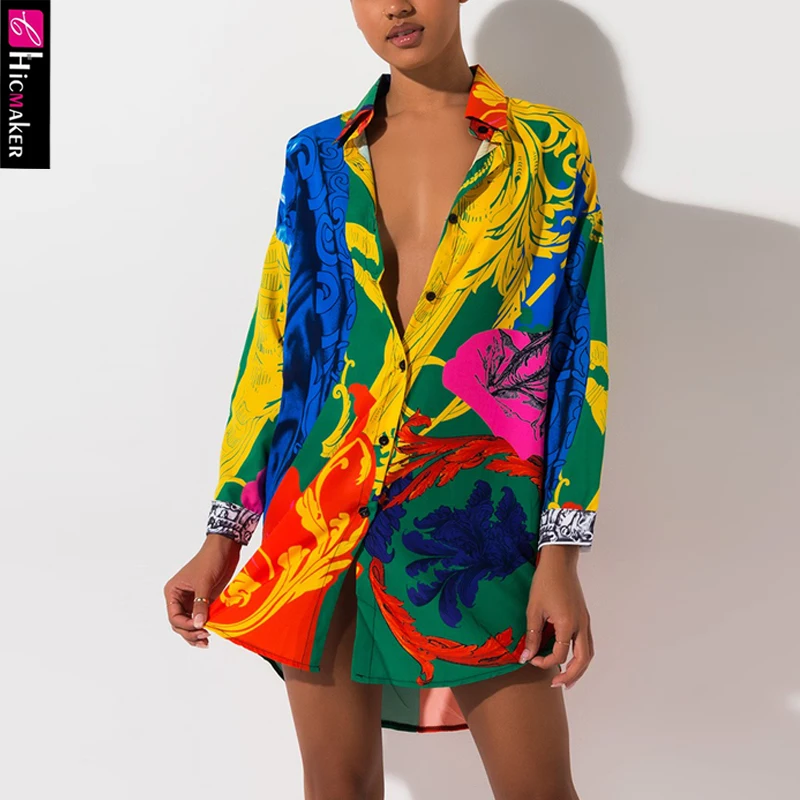 Женское платье рубашка с разноцветным принтом свободное офисное в стиле ретро на