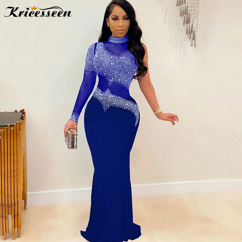 

Kricesseen Sexy Blue Mesh Crystal See Through Maxi Dress Women New One Sleeve Birthday Clubwear Bodycon Long Dress