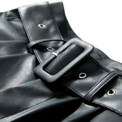 

Women Black Orange Color PU Leather High Waist with Belt Wide Leg Faux Leather Shorts High Quality Winter Loose PU Shorts