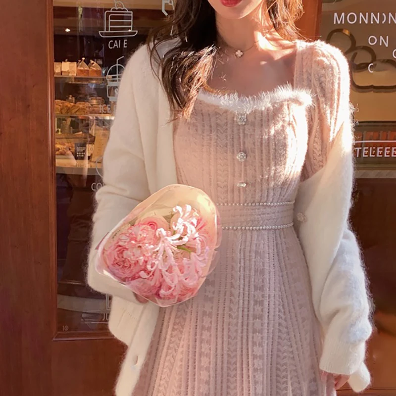 

2021 New Fall Winter Sweet Knit Long Skirt Female High Sense Stitching Elegant Vestidos Japanese Harajuku Joker Dress Lady Y2k