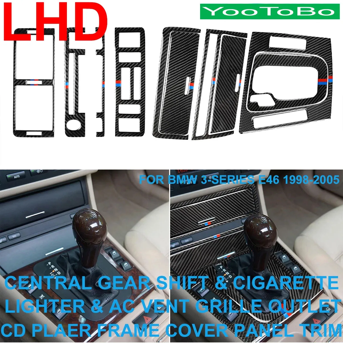 

Carbon Fiber With Color Central Gear Shift Cigarette Lighter AC Vent Grille CD Frame Cover Panel For BMW 3-Series E46 1998-2005