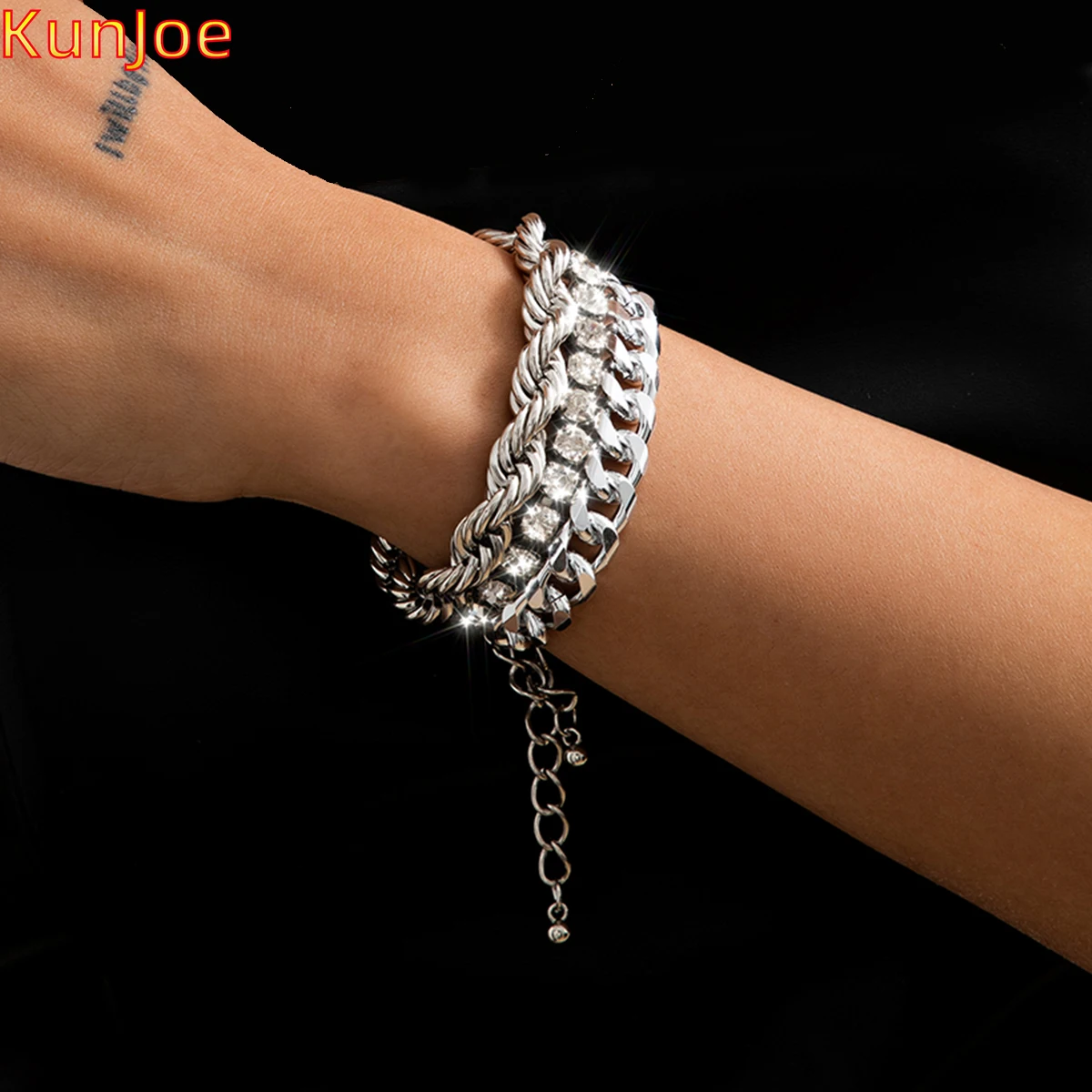 

KunJoe 2021 Punk Heavy Metal Rhinestone Bracelet Set Female Hip Hop Rock Geometric Chain Charm Bangles Bracelets Women Jewelry