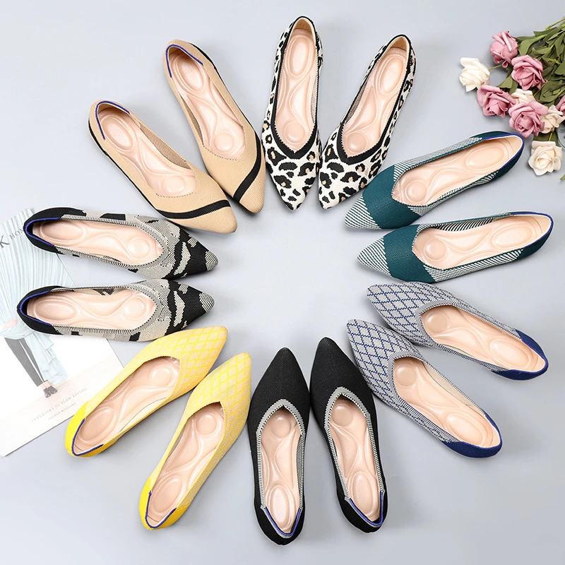 

2021 Woman Knit Pointed Shoes Women's Flat Shoes Ballet Shoes Moccasin Mixed Color Shoes Soft Pregnant Shoes Zapatos De Mujer
