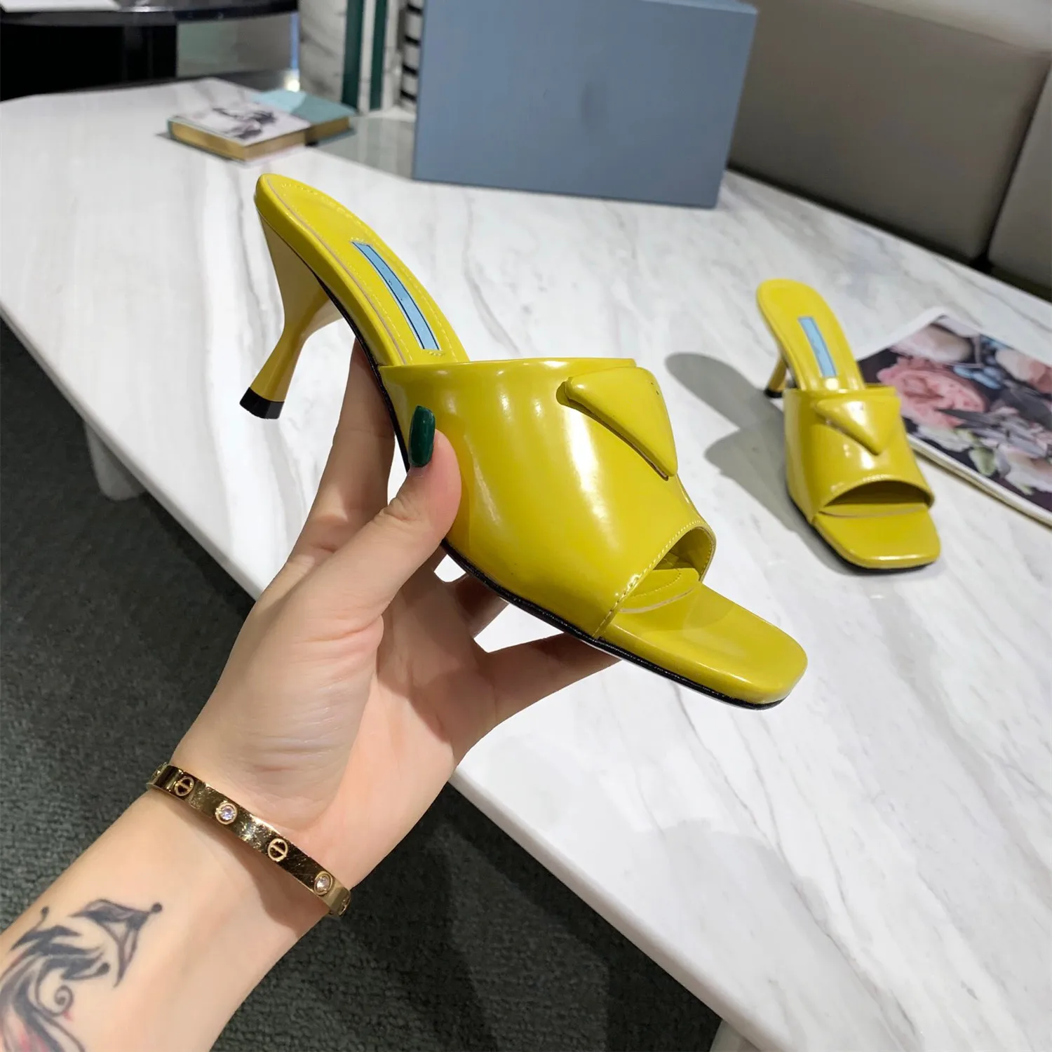 

Summer Square Toe High Heels Women Sandals Slip On Casual Slides Ladies Shoes Candy Color Slippers Party Wedding Shoes For Women