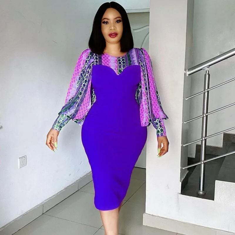 Женское узкое платье с круглым вырезом в стиле пэчворк длинными рукавами средней
