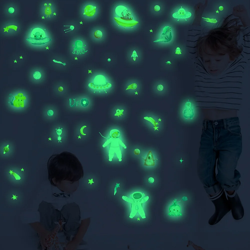 

Luminous Cartoon Spaceship Glowing Wall Stickers Bedroom Kids Rooms Decor Fluorescent Astronaut Alien Glow In The Dark Stickers