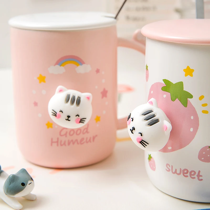

400ml Korean Style Cartoon Cute Cat Ceramic Mug With Lid And Spoon Kawaii Sweet Cat Coffee Cup Breakfast Milk Water Cups